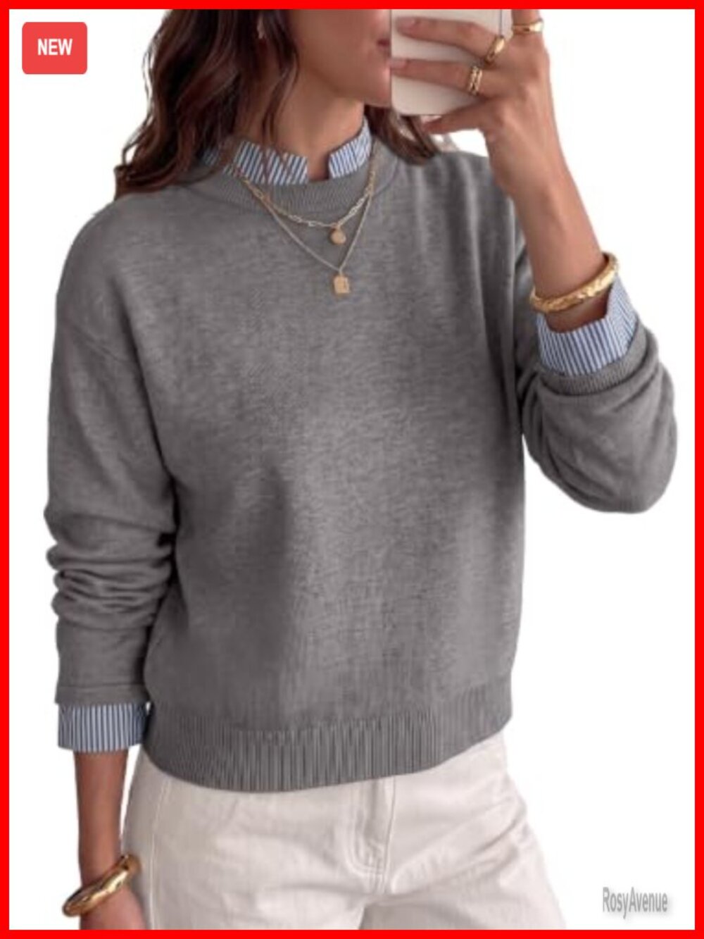 Women's Mock Neck 2-in-1 Pullover Sweater Cropped Knit Long Sleeve